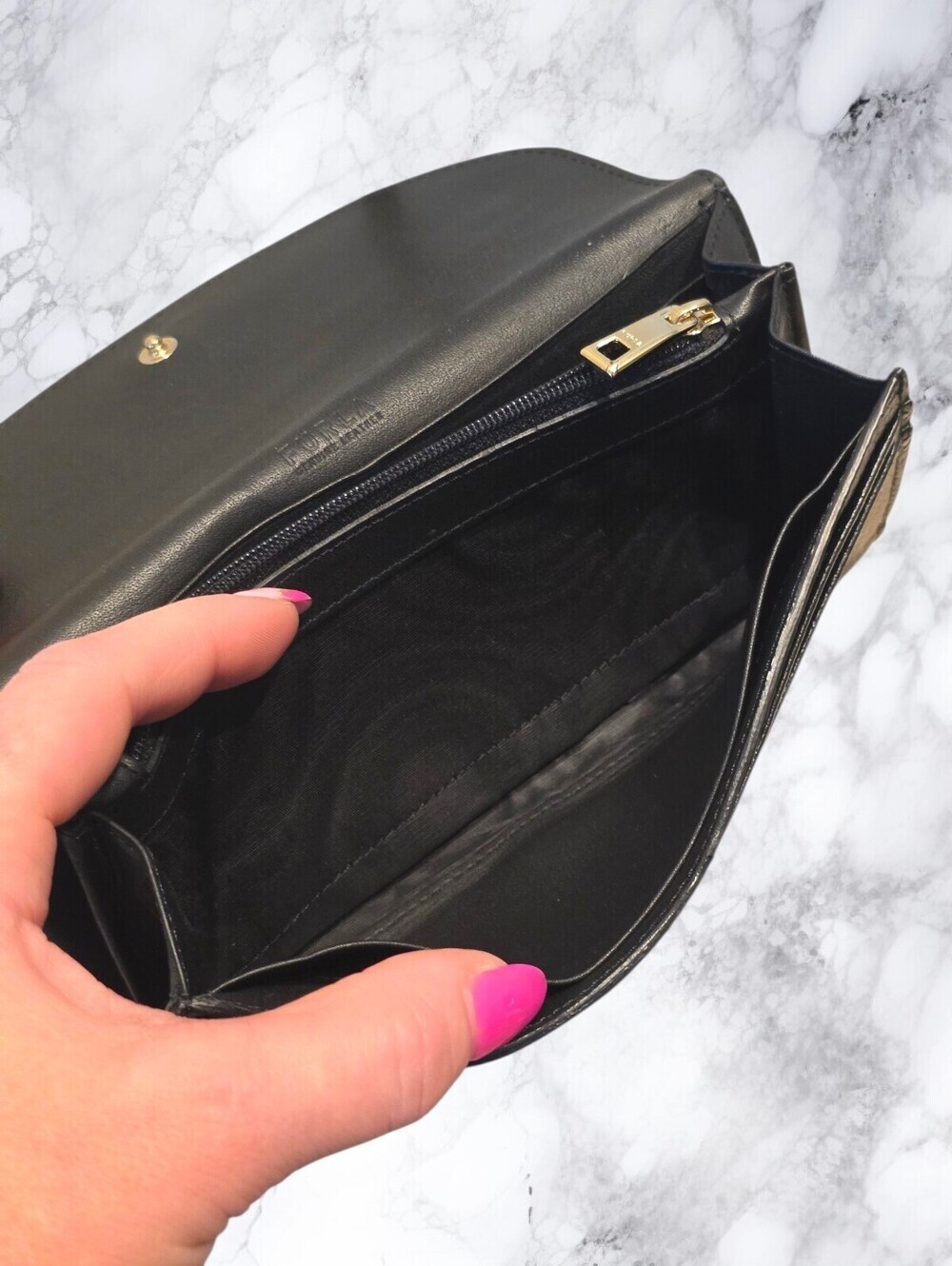 Furla Black Pebbled Leather Continental Wallet Long Zip Organizer Gold Logo - Picture 10 of 14